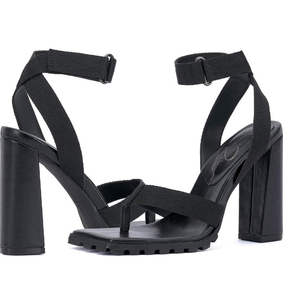 Jessica Simpson Black Chunky Heeled Sandals with Ankle Wrap - Picture 1 of 7